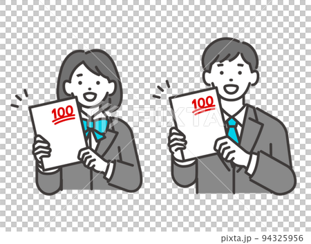 テストで100点を取ったブレザーの制服の学生のベクターイラスト素材／制服／高校生／中学生／塾／嬉しい 94325956