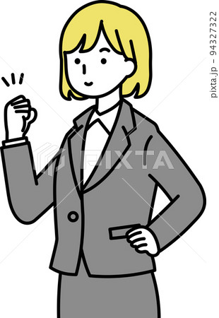 ガッツポーズをしている横向きのスーツの女性イラスト 線ありのイラスト素材