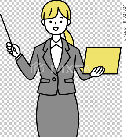 指し棒とパソコンを持って説明するスーツの女性イラスト　線あり 94327324