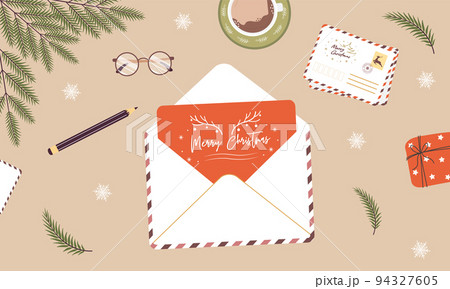 Christmas envelope on desk. Handmade greeting card. Sending or receiving New Year postcard or invitation. Top view. Vector illustration in flat cartoon style. Winter holiday wishes Christmas envelope on desk. Handmade greeting card. Sending or receiving New Year postcard or invitation. Top view. Vector illustration in flat cartoon style. Winter holiday wishes 94327605
