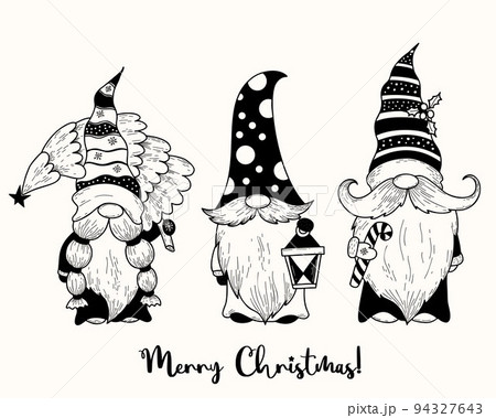 Cute christmas scandinavian gnomes. New year gnome Santa with christmas tree, lantern and caramel stick. Vector illustration. Hand drawing soodle. Isolated characters for design, decor, greeting card 94327643