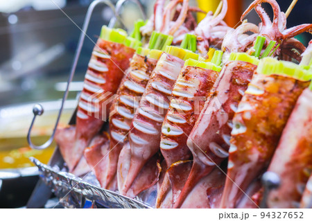 vietnamese grilled squid in ho thi ky street food, ho chi minh city, vietnam 94327652