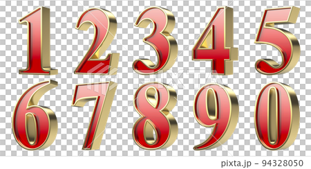 Set of numbers with red glass and golden frame Set of numbers with red glass and golden frame 94328050