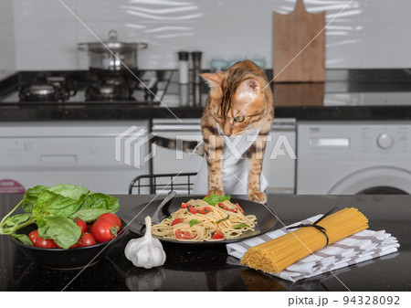 cat in a white apron next to pasta with cherry tomatoes and basil. 94328092