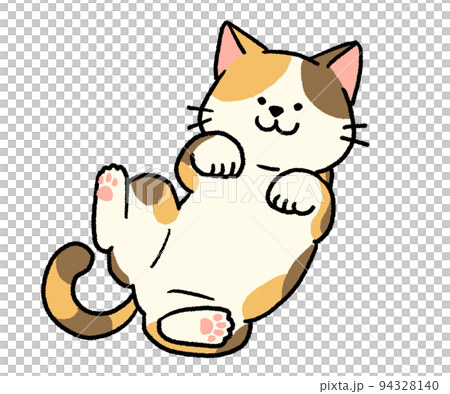 仰向けに寝転がっている三毛猫 94328140