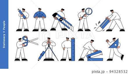 文房具を持つ男性のキャラクターイラストセット　線画 94328532
