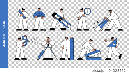 文房具を持つ男性のキャラクターイラストセット　線画 94328532