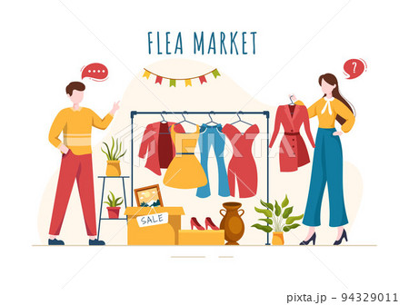 Flea Market Template Hand Drawn Cartoon Flat Illustration Second Hand Shop with Shoppers, Swap Meet, Sellers and Customers at Weekend 94329011