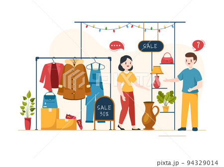 Flea Market Template Hand Drawn Cartoon Flat Illustration Second Hand Shop with Shoppers, Swap Meet, Sellers and Customers at Weekend 94329014