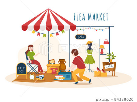Flea Market Template Hand Drawn Cartoon Flat Illustration Second Hand Shop with Shoppers, Swap Meet, Sellers and Customers at Weekend 94329020