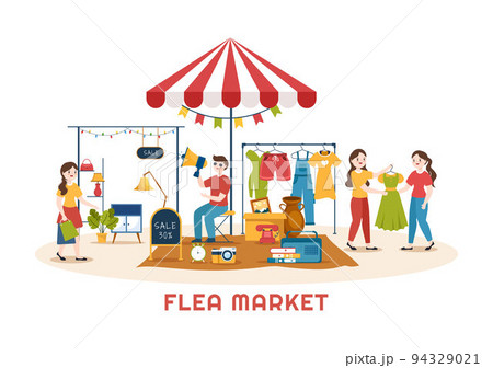 Flea Market Template Hand Drawn Cartoon Flat Illustration Second Hand Shop with Shoppers, Swap Meet, Sellers and Customers at Weekend 94329021