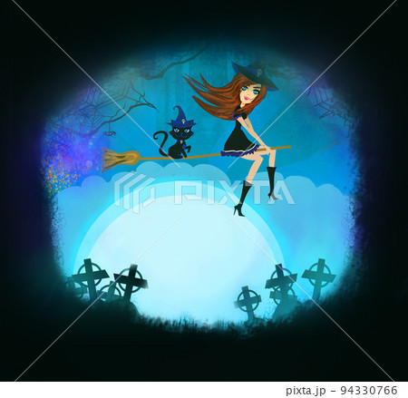 Witch flying on a broom in moonlight - frame, place for your text Witch flying on a broom in moonlight - frame, place for your text 94330766