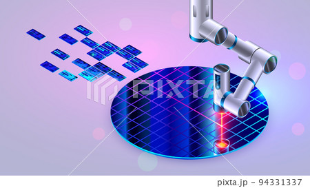 Semiconductor wafer fot manufacture microchips. Electronic technology equipment. Laser on robotic arm cutting slices chip on silicon wafer on factory. CPU production. Semiconductor crystal disc. 94331337