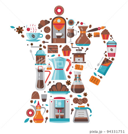 Coffee and Pastry Icons Print Stylized in Moka Pot 94331751
