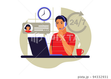 Contact us. Man with headphones and microphone with computer. Concept support, assistance, call center. Vector illustration. Flat style. Contact us. Man with headphones and microphone with computer. Concept support, assistance, call center. Vector illustration. Flat style. 94332931
