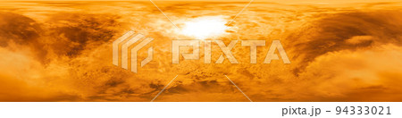 Golden burning overcast sunset sky panorama. Hdr seamless spherical equirectangular 360 panorama. Sky dome or zenith for 3D visualization and sky replacement for aerial drone 360 panoramas. Golden burning overcast sunset sky panorama. Hdr seamless spherical equirectangular 360 panorama. Sky dome or zenith for 3D visualization and sky replacement for aerial drone 360 panoramas. 94333021
