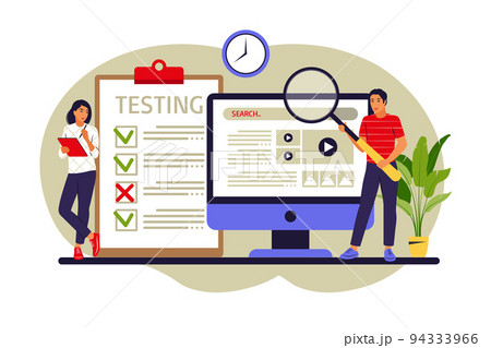 People testing software fixing bugs in hardware device. Application test and IT service concept. Vector illustration. Flat 94333966