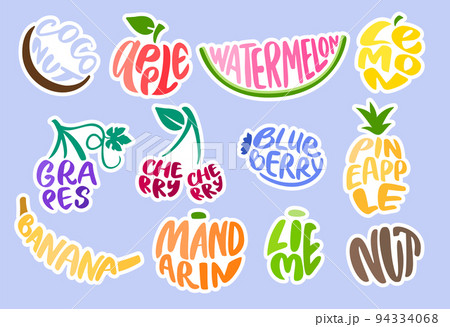 Fruits lettering. Calligraphy food badges, cherry and coconut typographical sign. Banana word, apple fruit and watermelon grocery stickers vector set 94334068