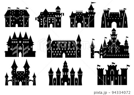 Castle silhouettes. Royal tower exterior, medieval kingdom palace and old fortress stencil vector illustration set 94334072