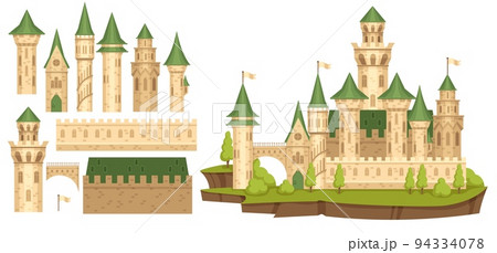 Medieval castle constructor. Old bastion, cartoon ancient tower creator and palace walls elements vector set Medieval castle constructor. Old bastion, cartoon ancient tower creator and palace walls elements vector set 94334078