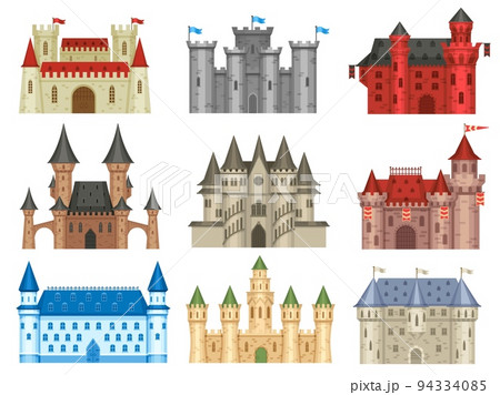 Medieval castles. Gothic palace, ancient king house and old kingdom castle tower vector set 94334085