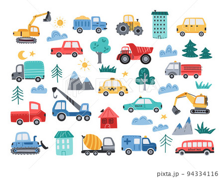 Cute cars. Construction vehicles and city transport. Hand drawn simple tractor, minimal excavator and funny lifting crane cartoon vector illustration set 94334116