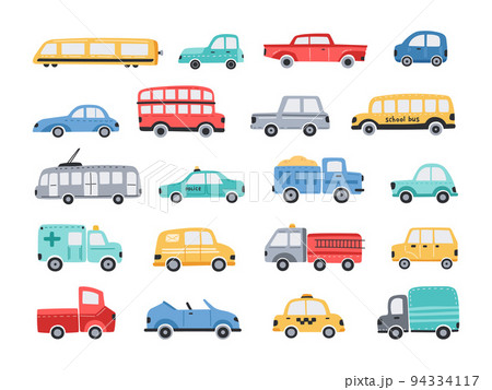 Funny cars. Colourful public transport, cute town vehicle for kids. City and school bus, taxi car and simple cab truck cartoon vector illustration set 94334117