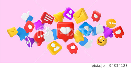 Social media 3d concept. Thumbs up, heart like and smile emoji. Favourites star, comment and notification bell icons vector illustration Social media 3d concept. Thumbs up, heart like and smile emoji. Favourites star, comment and notification bell icons vector illustration 94334123