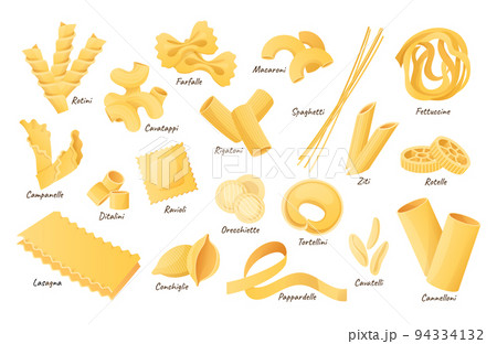 Italian pasta shapes. Fettuccine, spaghetti and lasagna. Dry cannelloni, ravioli and macaroni. Pasta ingredients cartoon vector illustration set Italian pasta shapes. Fettuccine, spaghetti and lasagna. Dry cannelloni, ravioli and macaroni. Pasta ingredients cartoon vector illustration set 94334132