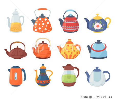 Cartoon teapots and kettles. Tea pitcher, coffee jug and ceramic kitchen tools. Decorative crockery items isolated vector Illustration set Cartoon teapots and kettles. Tea pitcher, coffee jug and ceramic kitchen tools. Decorative crockery items isolated vector Illustration set 94334133