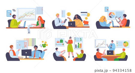 Financial advisor. Analyzing corporate or personal budget, calculate expenses and income vector illustrations set 94334158