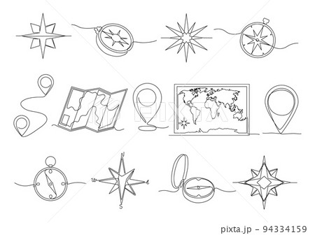 One line location. Hand drawn travel compass, journey route map and pin icon. Geography and tourism vector illustration set One line location. Hand drawn travel compass, journey route map and pin icon. Geography and tourism vector illustration set 94334159