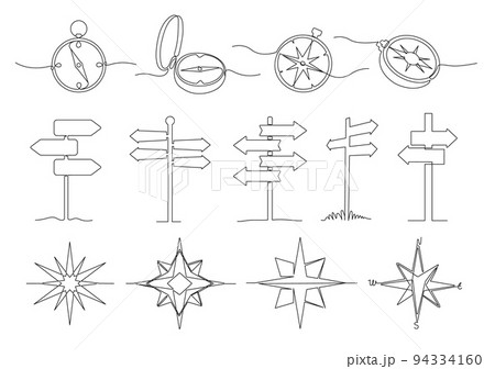 One line way direction. Journey navigation sign, traveller compass and destination signboard vector illustration set One line way direction. Journey navigation sign, traveller compass and destination signboard vector illustration set 94334160