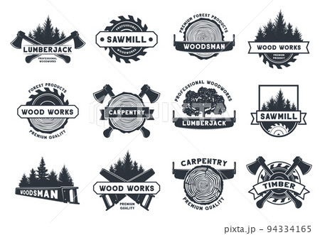 Wood works badge. Lumberjack, sawmill and carpentry emblems. Trees, pine log cut, saw and axe tools vector template set 94334165