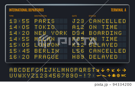 Led airport board. Departure table, information screen and airline terminal digital font vector set Led airport board. Departure table, information screen and airline terminal digital font vector set 94334200