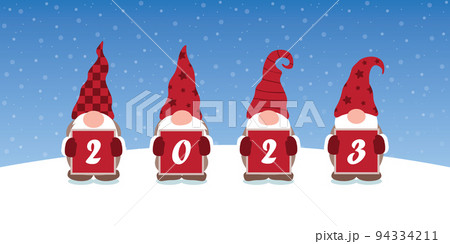 christmas greeting card 2023 with cute christmas dwarf and snowy landscape 94334211
