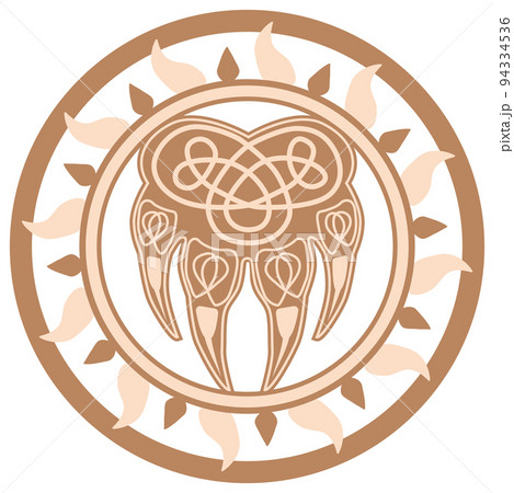 Veles god's paw, wolf's paw, Slavic symbol, decorated with Scandinavian patterns. Beige trendy design 94334536