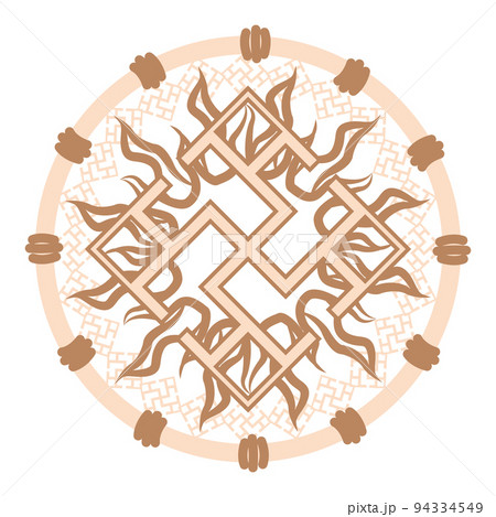 Spiritual strength, an ancient Slavic symbol, decorated with Scandinavian patterns. Beige fashion design Spiritual strength, an ancient Slavic symbol, decorated with Scandinavian patterns. Beige fashion design 94334549