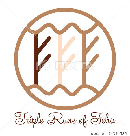 Triple Rune Fehu, an ancient Slavic symbol, decorated with Scandinavian patterns. Beige fashion design Triple Rune Fehu, an ancient Slavic symbol, decorated with Scandinavian patterns. Beige fashion design 94334586