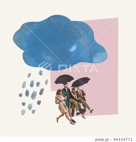 Contemporary art collage. Group of young people in stylish autumn clothes walking on rainy day under umbrella 94334771