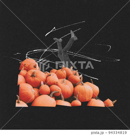 Contemporary art collage. Male legs sticking out big orange pumpkins over black background. Halloween season 94334819