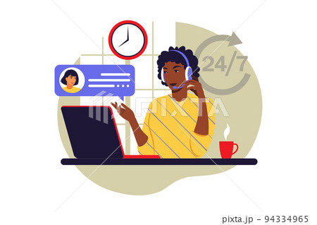 Customer service concept. African woman with headphones and microphone with laptop. Support, assistance, call center. Vector illustration. Flat style Customer service concept. African woman with headphones and microphone with laptop. Support, assistance, call center. Vector illustration. Flat style 94334965