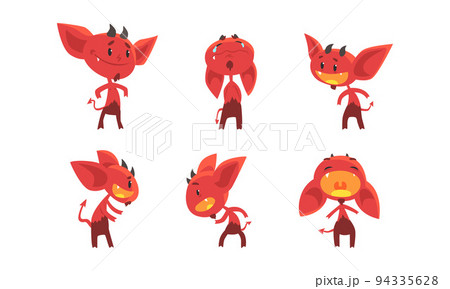 Little Red Devil or Demon as Evil Character with Fangs, Tail and Horns Vector Set 94335628