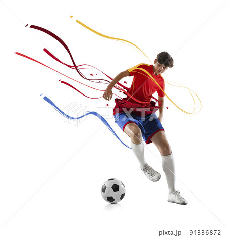 Contemporary art collage. Conceptual design with little boy, child in male adult legs playing football. Dribbling Contemporary art collage. Conceptual design with little boy, child in male adult legs playing football. Dribbling 94336872