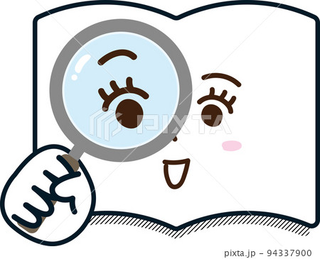 虫眼鏡　本　ノート　辞書　調べもの　笑顔　納得　検索　調査　女性　表情　手描き 94337900