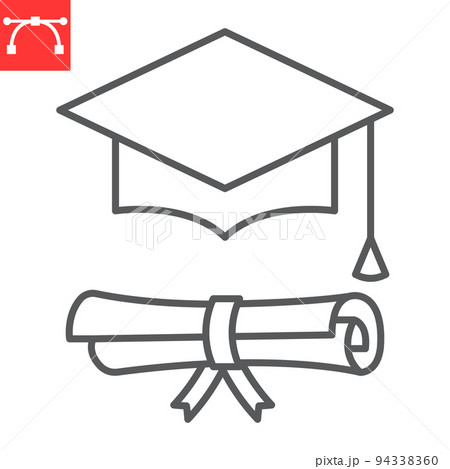 Graduation cap and diploma line icon, school and education, graduation hat vector icon, vector graphics, editable stroke outline sign, eps 10. Graduation cap and diploma line icon, school and education, graduation hat vector icon, vector graphics, editable stroke outline sign, eps 10. 94338360