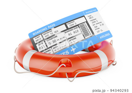 Boarding pass ticket with lifebelt, 3D rendering Boarding pass ticket with lifebelt, 3D rendering 94340293