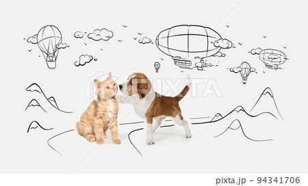 Cute little dog of Beagle and cat over white background with doodles. Friends. Cute little dog of Beagle and cat over white background with doodles. Friends. 94341706