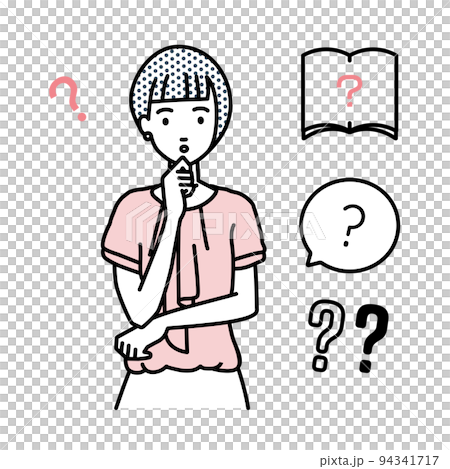 一組辦公室休閒女性問號站著，雙手放在下巴上感到懷疑 94341717