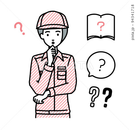 立って手をあごにあてて疑問を感じている作業員の女性 クエスチョンマークのセット 94341718